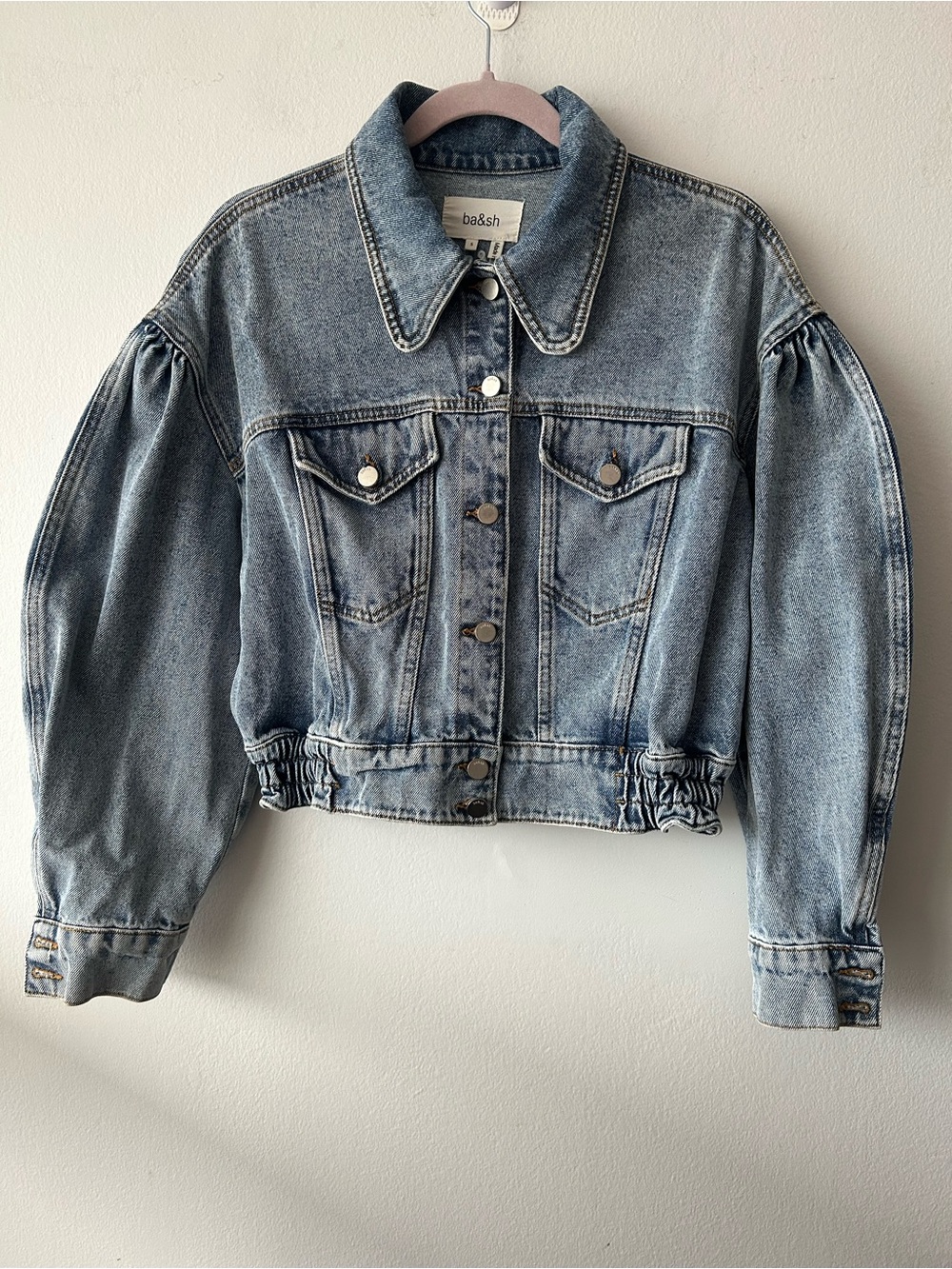 ba&sh Washed Blue Denim Puff-Sleeve Cropped Jacket